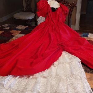 Red Antebellum Southern Belle Gown with White Lace and Roses